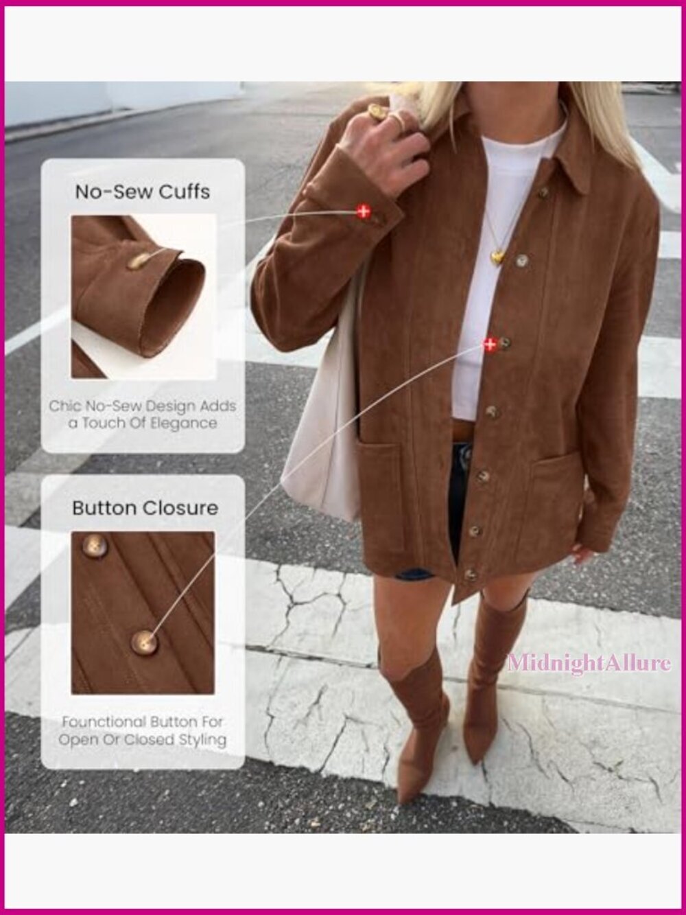 Faux Suede Jacket Women Long Sleeve Button Down Relaxed Fit Lightweight - Picture 4 of 7